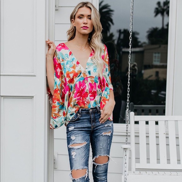 In Bloom Multicolored Floral Button Front Blouse - Picture 2 of 6